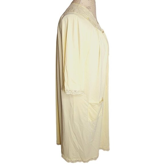 Vintage ShadowLine Robe Women M Yellow Short Sleeve Button Down Lace Trim Pocket - Picture 8 of 11
